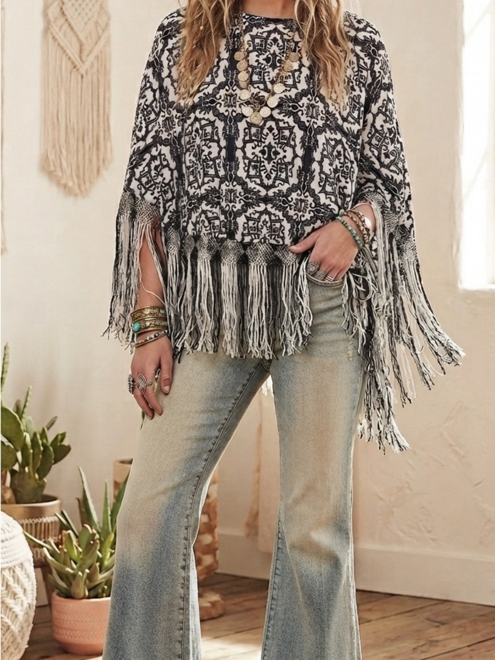 Chico's Black and White Fringed Boho poncho mini dress